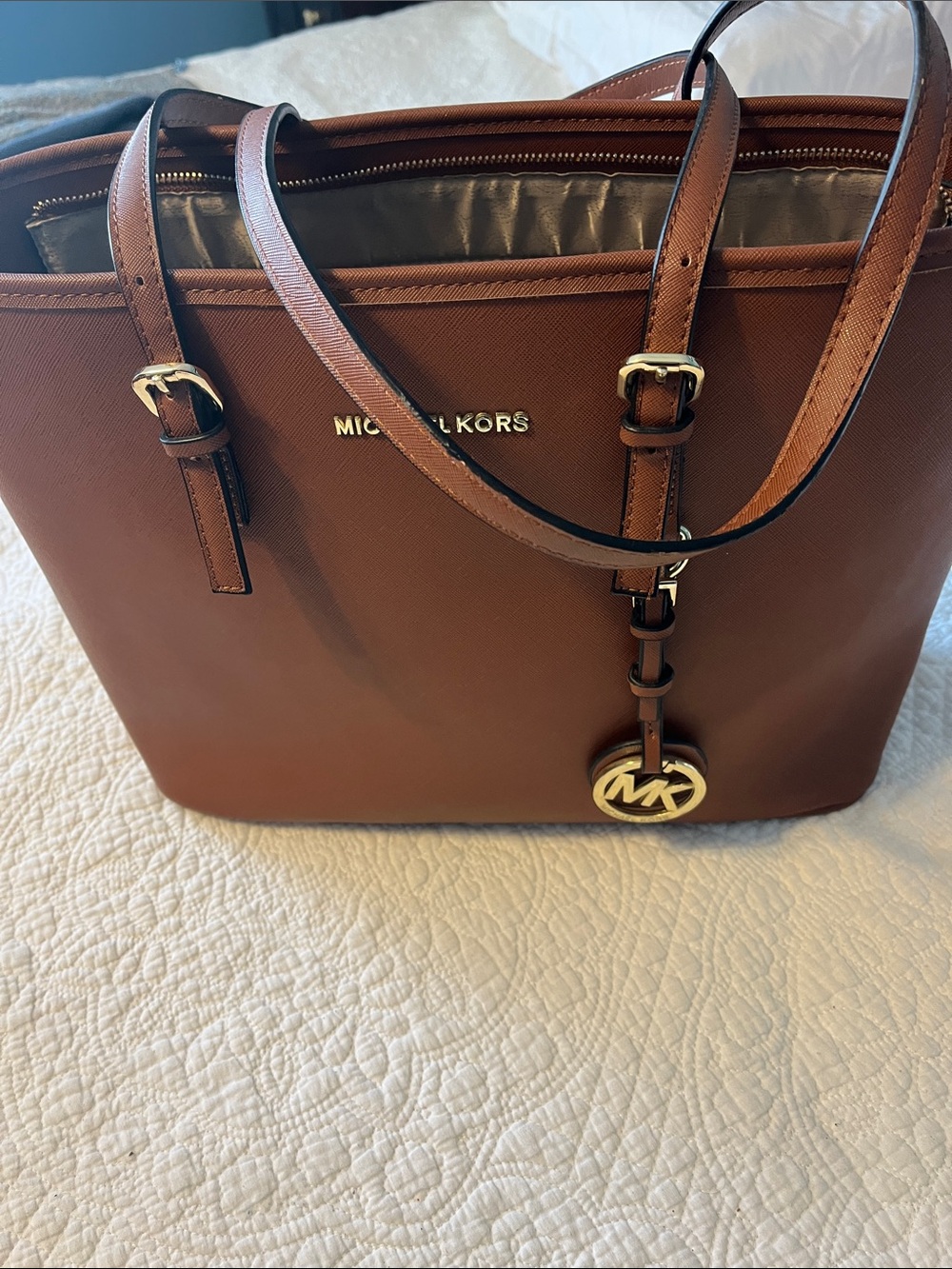 Michael Kors Brown Saffiano Leather Tote with Gold MK Charm